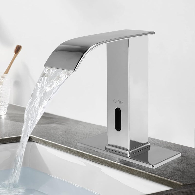 CDLODIN Automatic Sensor Touchless Bathroom Faucet, Modern Chrome Bathroom Faucet for Sink 1 Hole, Waterfall Single Hole Bathroom Sink Faucet Stainless Steel, Hands Free Motion Sensor Lavatory Faucet - Image 1